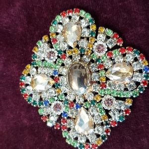 Czechoslovakian Multi Rhinestone Large Brooch